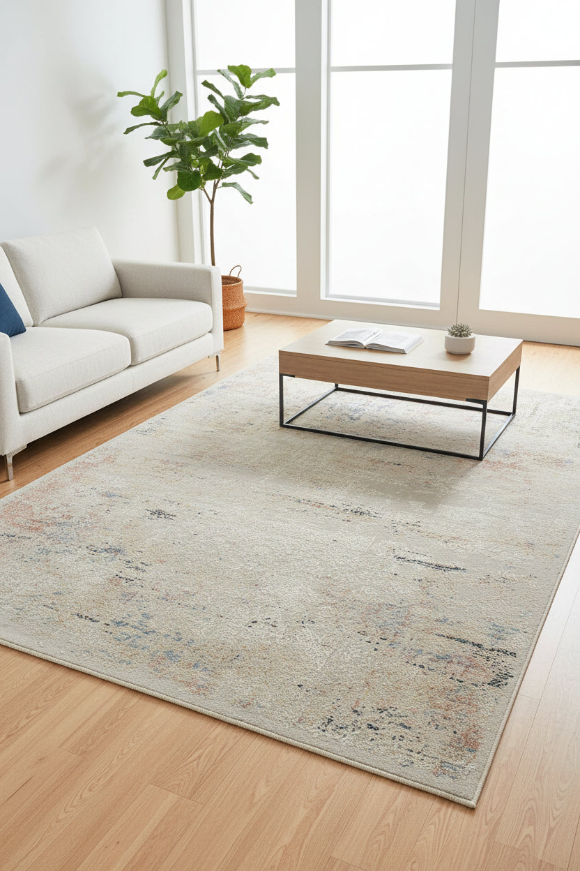 An abstract distressed area rug with a vintage pattern in beige, cream, muted blue, and terracotta orange, shown flat against a white background.