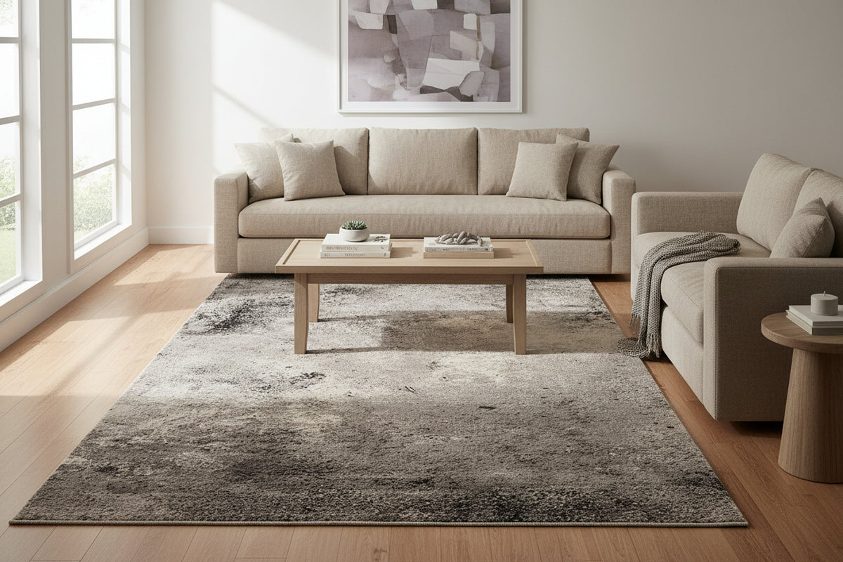 A square area rug with a distressed, textured pattern in shades of gray, charcoal, and beige.