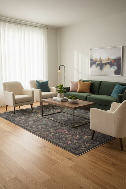 A rectangular area rug with a distressed traditional floral pattern in muted tones of charcoal gray, dusty blue, pink, and beige.