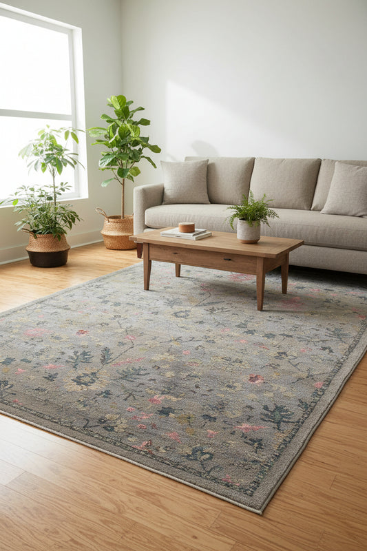 A rectangular vintage-style area rug with a distressed gray base and an intricate floral pattern in muted pink, beige, and dark blue-gray tones.