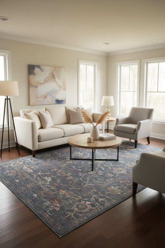 A rectangular vintage-style area rug with an intricate floral and medallion pattern in faded blue-gray, beige, and muted rust tones, shown flat against a light neutral background.