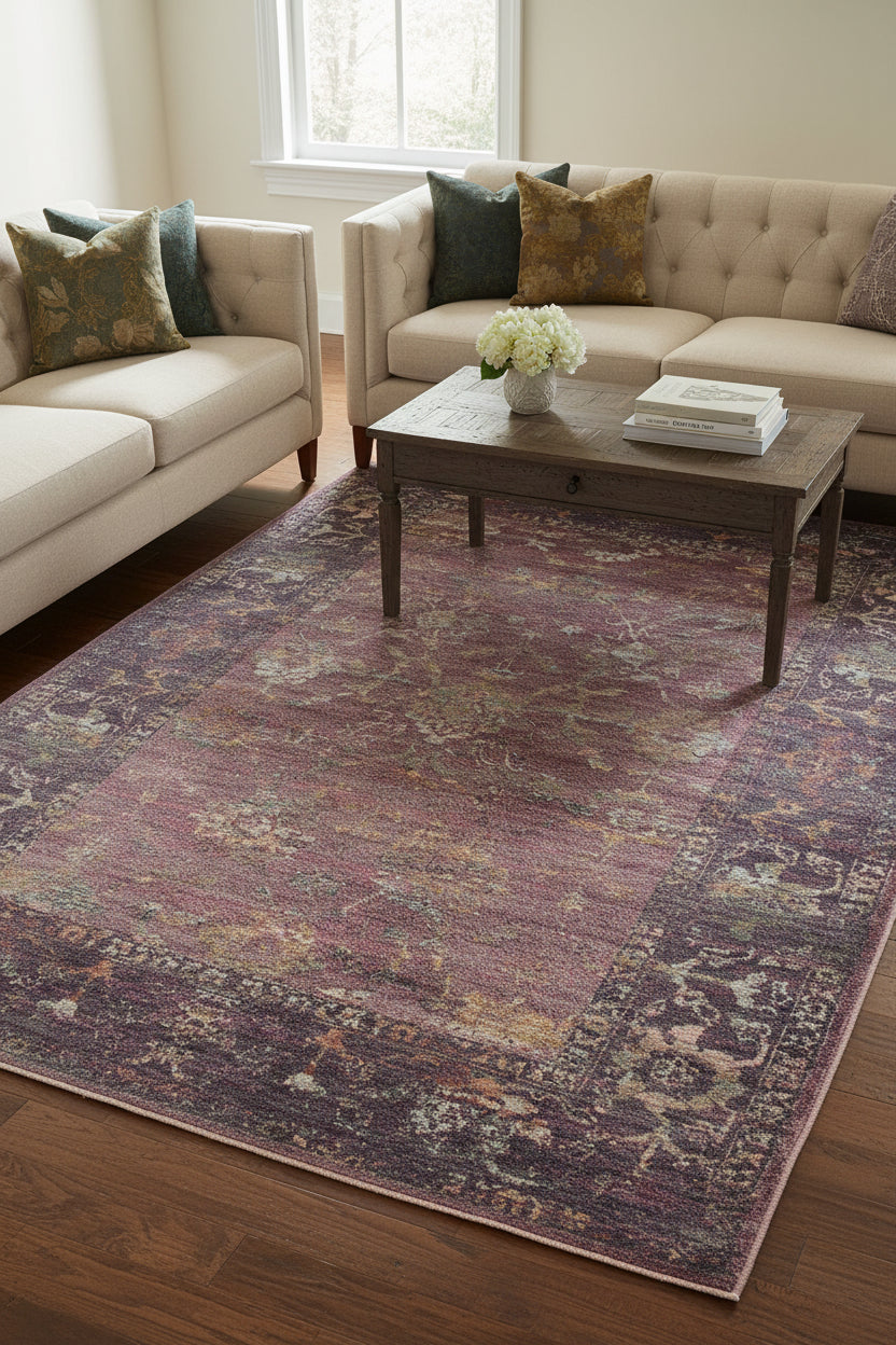 A rectangular vintage-style area rug with a distressed medallion pattern in muted dusty purple, mauve, gray, olive green, and beige tones.