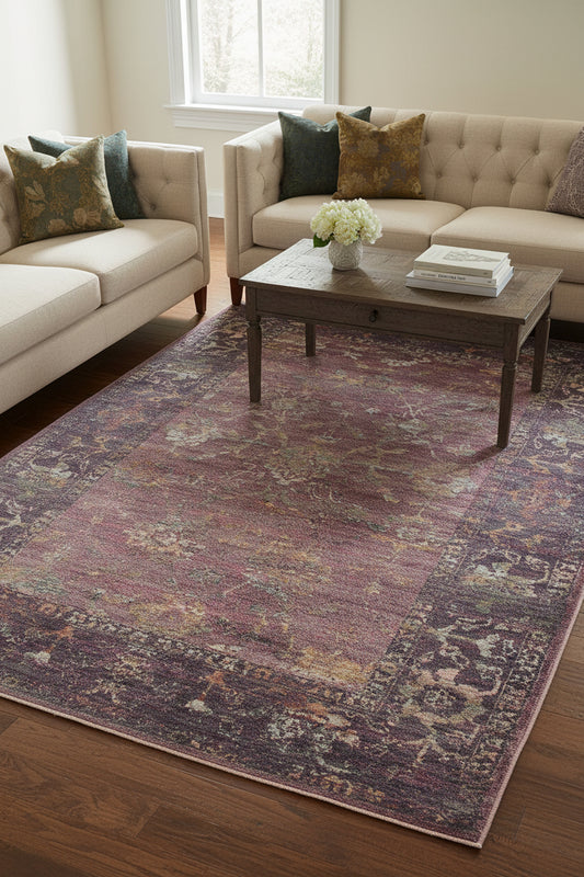 A rectangular vintage-style area rug with a distressed medallion pattern in muted dusty purple, mauve, gray, olive green, and beige tones.