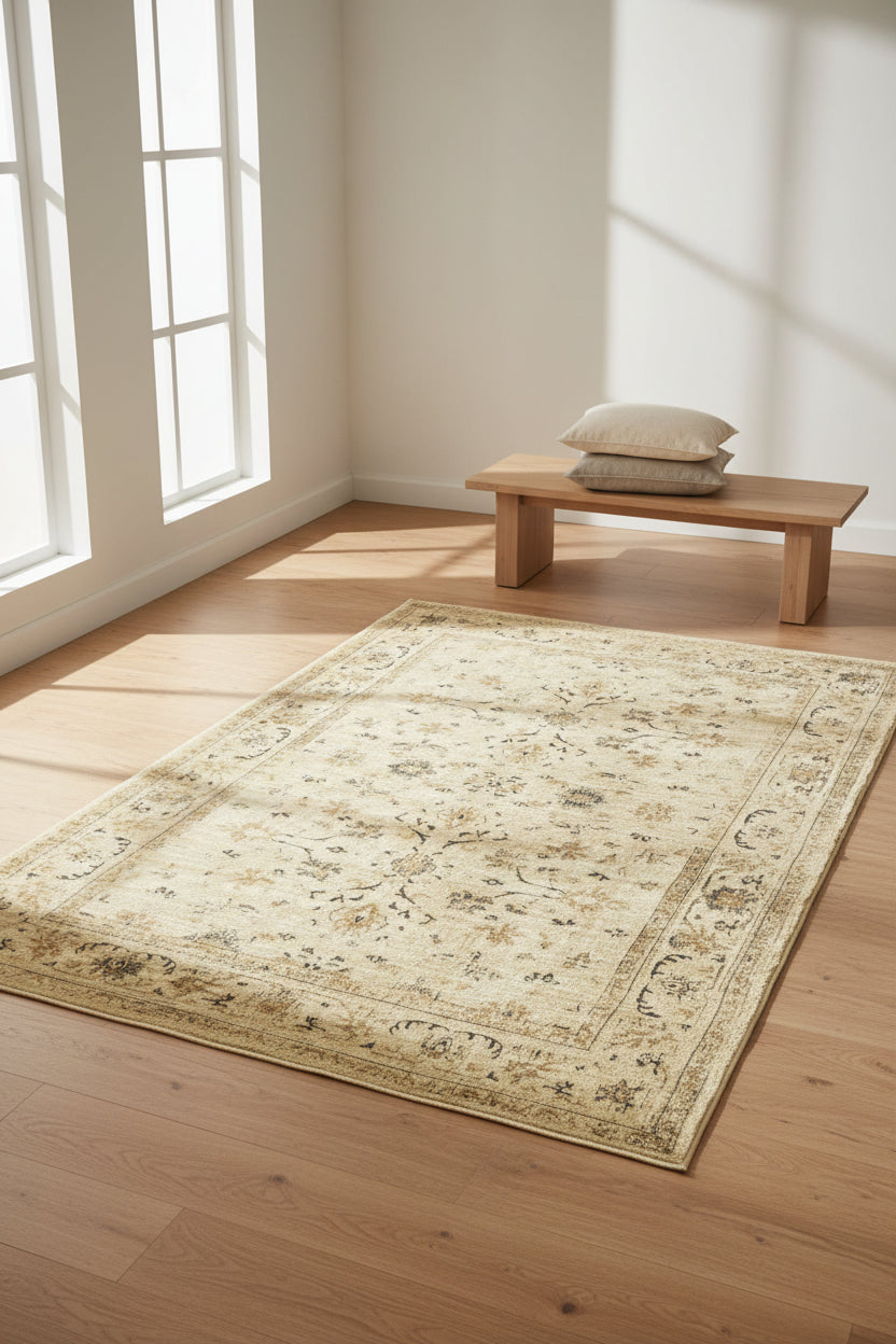 A rectangular vintage-style area rug with an ornate floral and medallion pattern in beige, cream, and muted brown tones, shown flat against a white background.