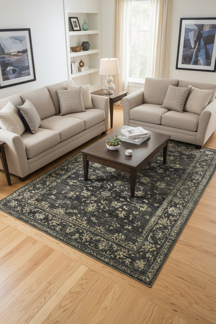 A rectangular area rug with a distressed traditional pattern in charcoal gray and beige.