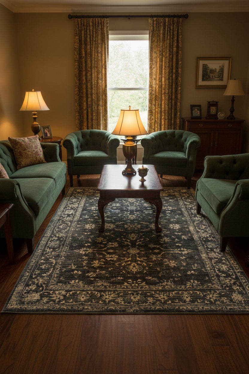 A rectangular area rug with a distressed traditional pattern in charcoal gray and beige.