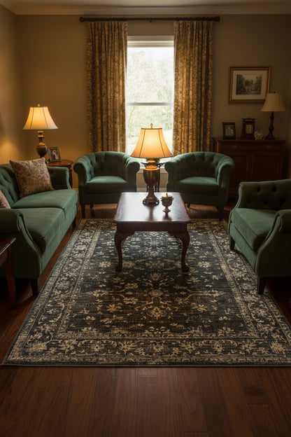 A rectangular area rug with a distressed traditional pattern in charcoal gray and beige.