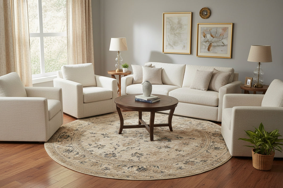 Round beige rug with floral pattern on a white background