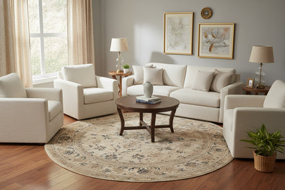 Round beige rug with floral pattern on a white background
