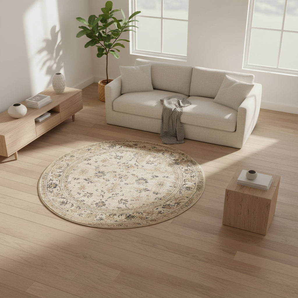 Round beige rug with floral pattern on a white background