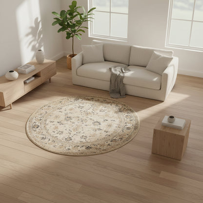 Round beige rug with floral pattern on a white background