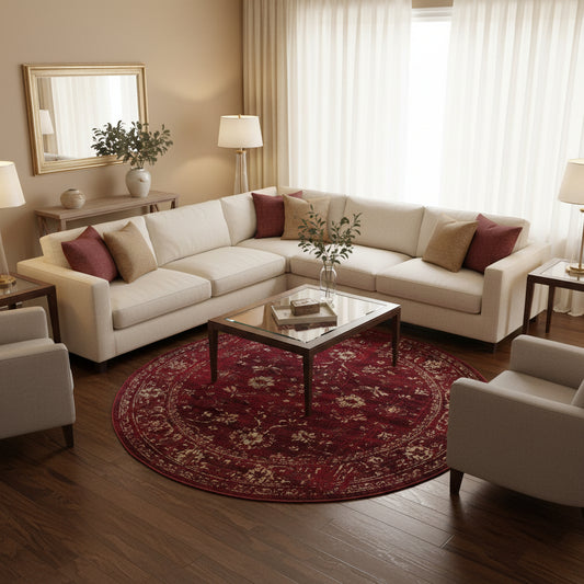 A round traditional area rug with a deep burgundy red field and beige floral motifs, shown from a top-down view on a white background.