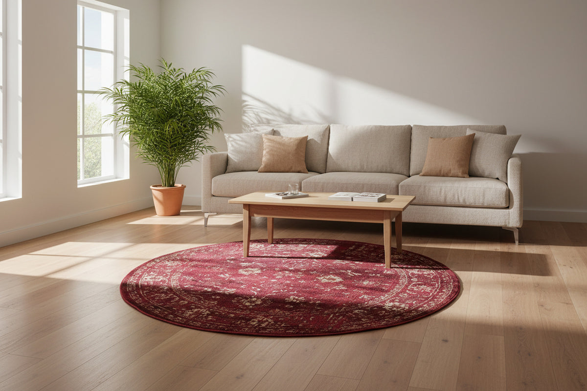A round traditional area rug with a deep burgundy red field and beige floral motifs, shown from a top-down view on a white background.