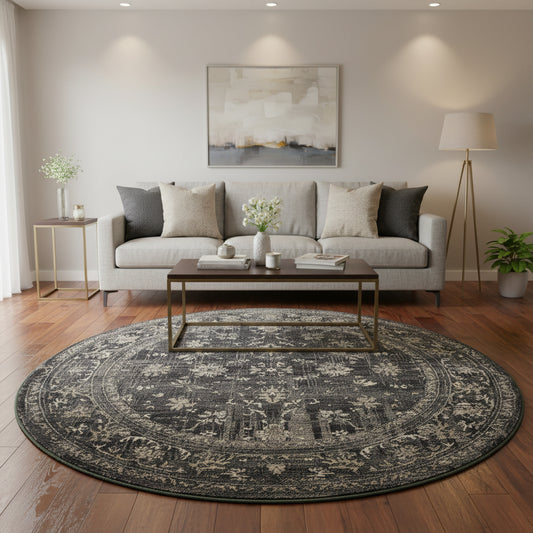 Round rug with intricate black and white pattern on a white background
