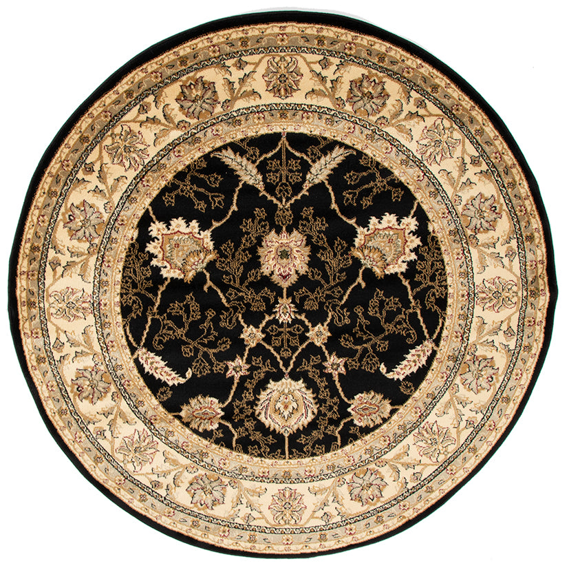 Round decorative rug with intricate black and beige pattern on a white background