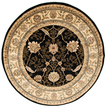 Round decorative rug with intricate black and beige pattern on a white background