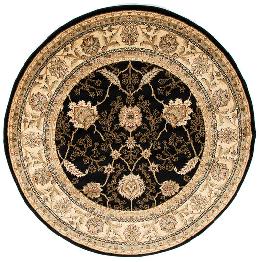 Round decorative rug with intricate black and beige pattern on a white background