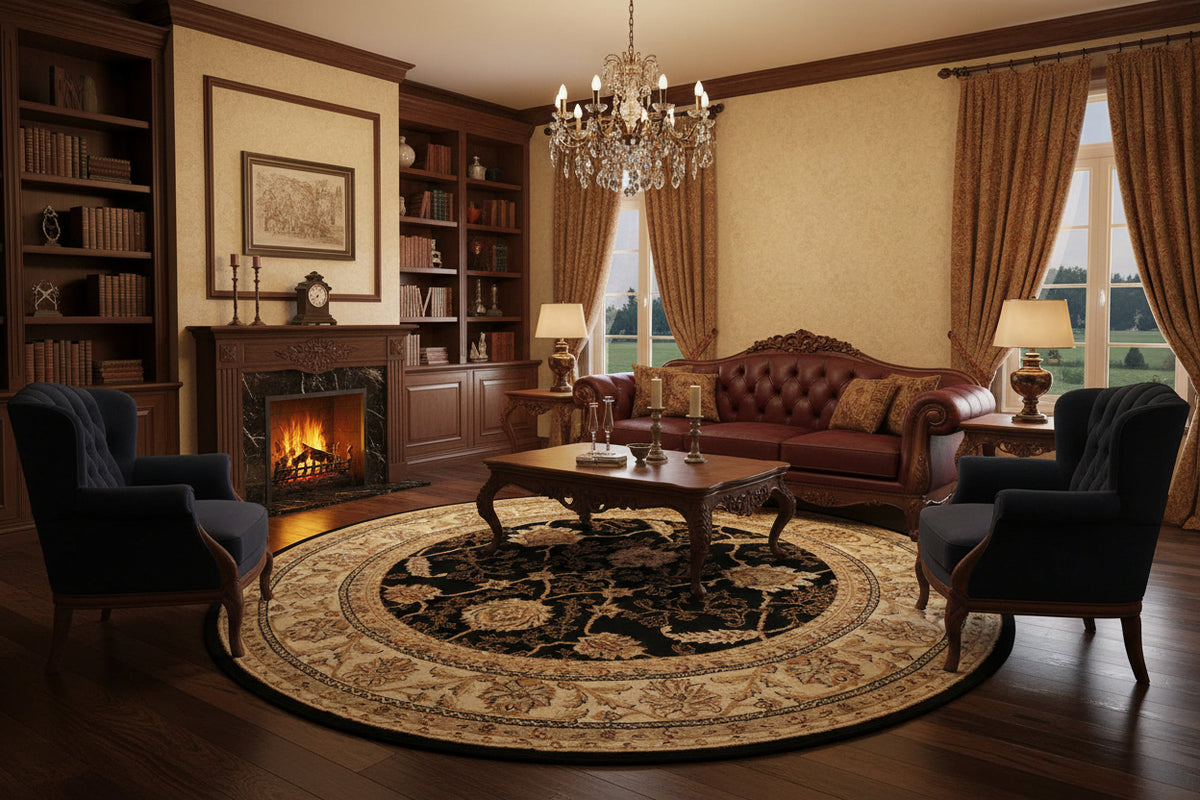 Round decorative rug with intricate black and beige pattern on a white background