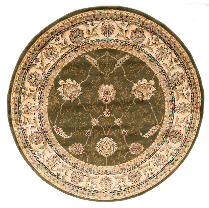 Round rug with intricate floral patterns on a white background