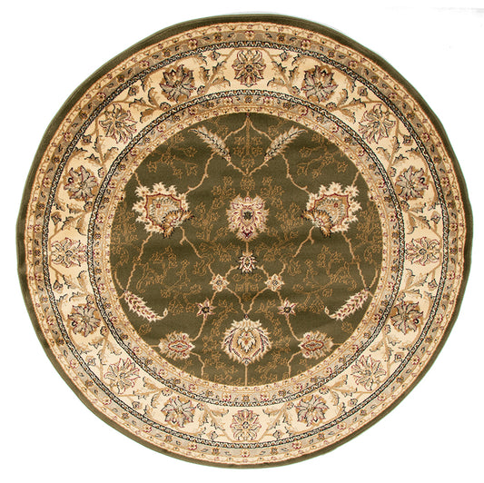 Round rug with intricate floral patterns on a white background