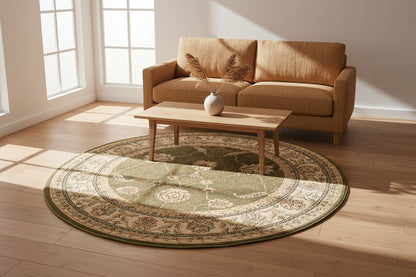 Round rug with intricate floral patterns on a white background