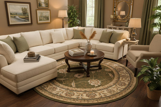 Round rug with intricate floral patterns on a white background
