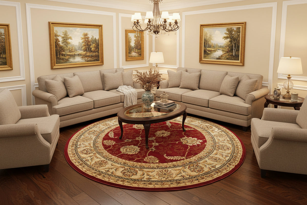 Round decorative rug with intricate patterns on a white background