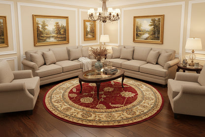 Round decorative rug with intricate patterns on a white background