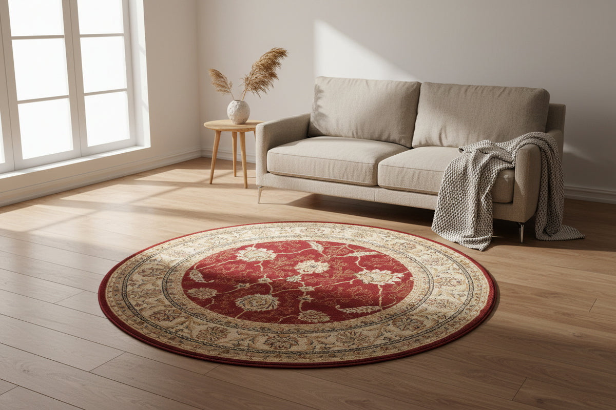 Round decorative rug with intricate patterns on a white background