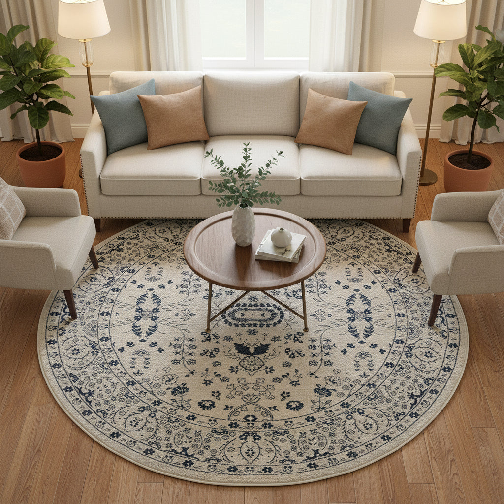 Round rug with blue floral pattern on a white background