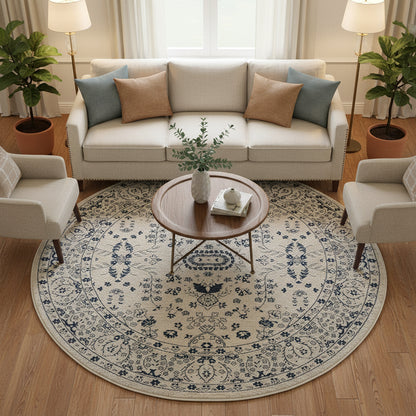Round rug with blue floral pattern on a white background