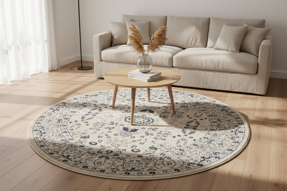 Round rug with blue floral pattern on a white background