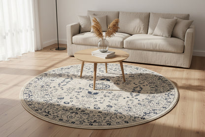 Round rug with blue floral pattern on a white background