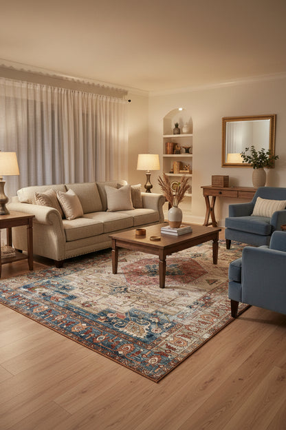 A traditional oriental-style area rug with a distressed vintage pattern, featuring a central medallion in red and blue on a beige field, surrounded by a detailed multi-colored border.