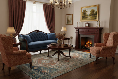 A distressed traditional area rug featuring a central medallion pattern in muted blue, beige, rust orange, and gray tones.