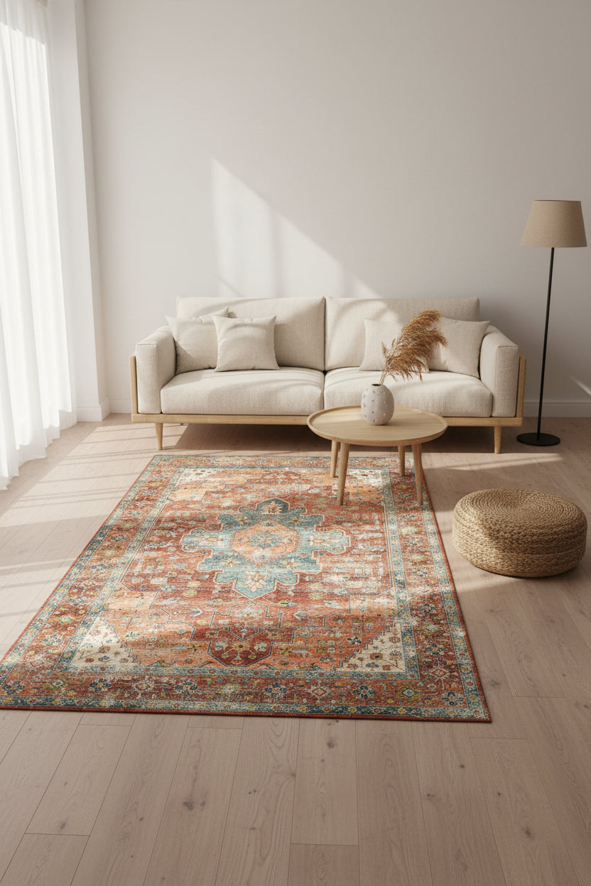 A distressed traditional area rug with a central medallion, featuring a warm terracotta and rust-orange field, a muted teal-blue center medallion, and cream-colored borders.