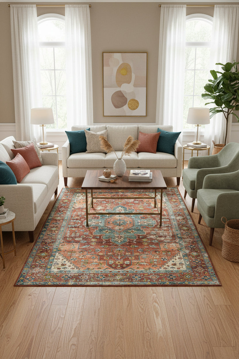 A distressed traditional area rug with a central medallion, featuring a warm terracotta and rust-orange field, a muted teal-blue center medallion, and cream-colored borders.