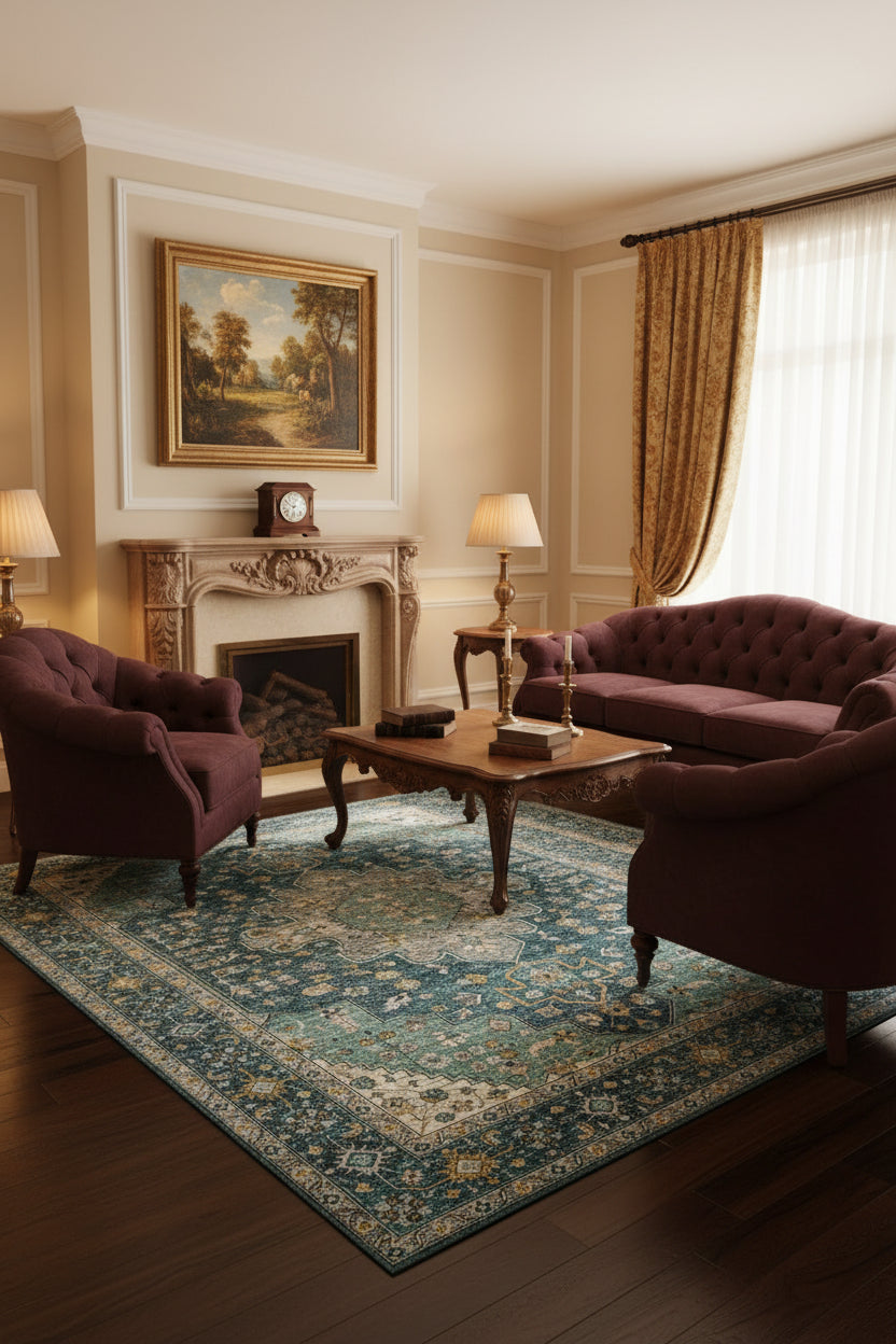 A distressed traditional area rug featuring a central medallion and ornate border in shades of blue, teal, beige, and gray.