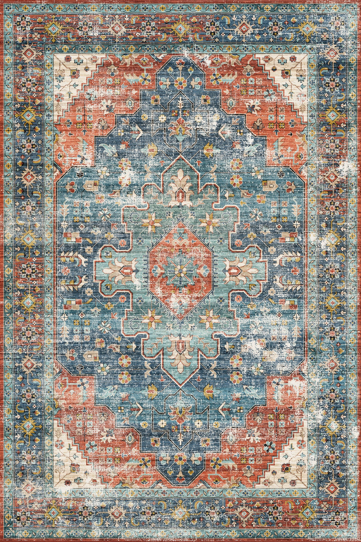 A distressed traditional area rug with an ornate central medallion and floral motifs, featuring a color palette of dusty blue, terracotta red, cream, and beige.