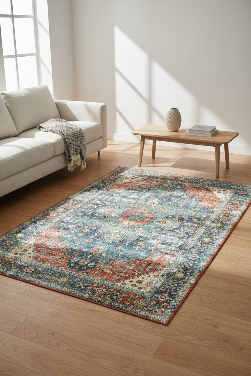 A distressed traditional area rug with an ornate central medallion and floral motifs, featuring a color palette of dusty blue, terracotta red, cream, and beige.