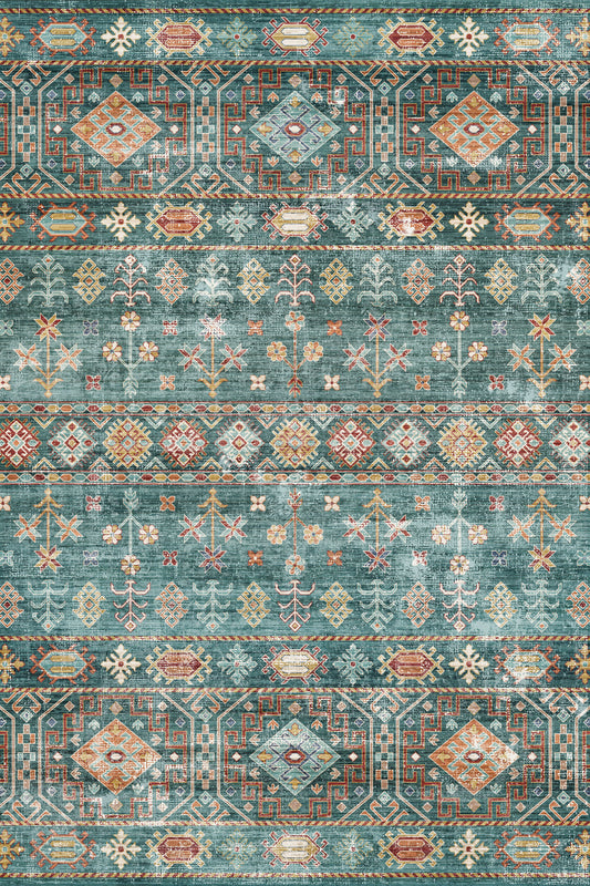 A square area rug with a distressed, vintage-style geometric pattern in muted teal, sage green, rust red, and cream.