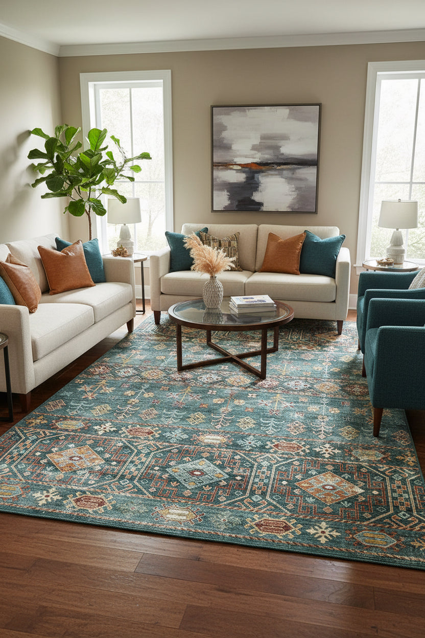 A square area rug with a distressed, vintage-style geometric pattern in muted teal, sage green, rust red, and cream.