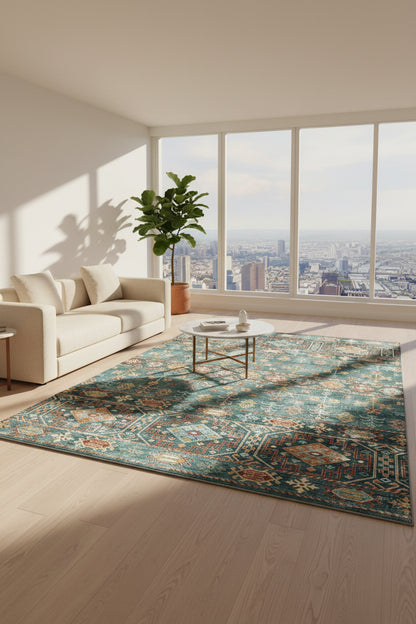 A square area rug with a distressed, vintage-style geometric pattern in muted teal, sage green, rust red, and cream.