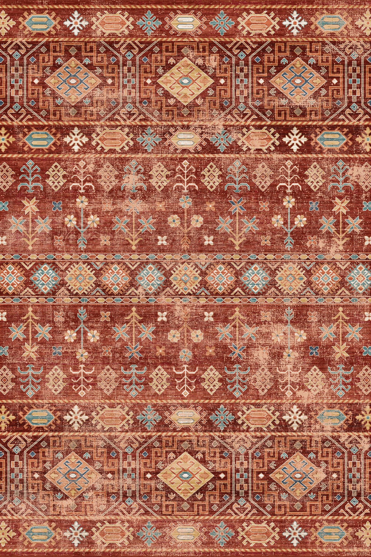 A flat-lay view of a vintage-style area rug featuring a distressed tribal pattern in rust red, terracotta, beige, and light blue.