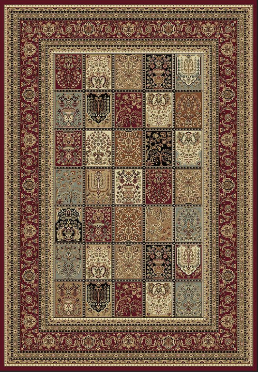 A rectangular area rug with an intricate patchwork design featuring multiple medallion panels in red, beige, brown, and black, surrounded by ornate borders.