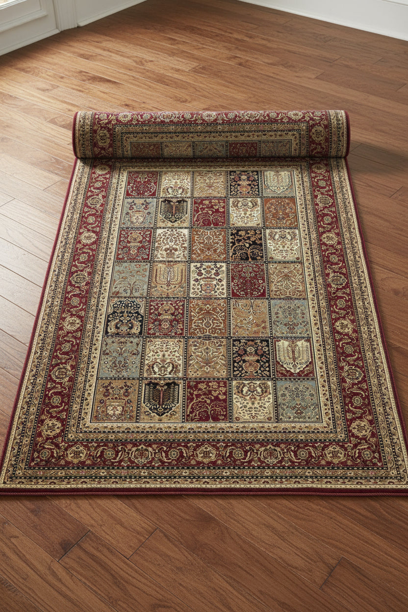 A rectangular area rug with an intricate patchwork design featuring multiple medallion panels in red, beige, brown, and black, surrounded by ornate borders.