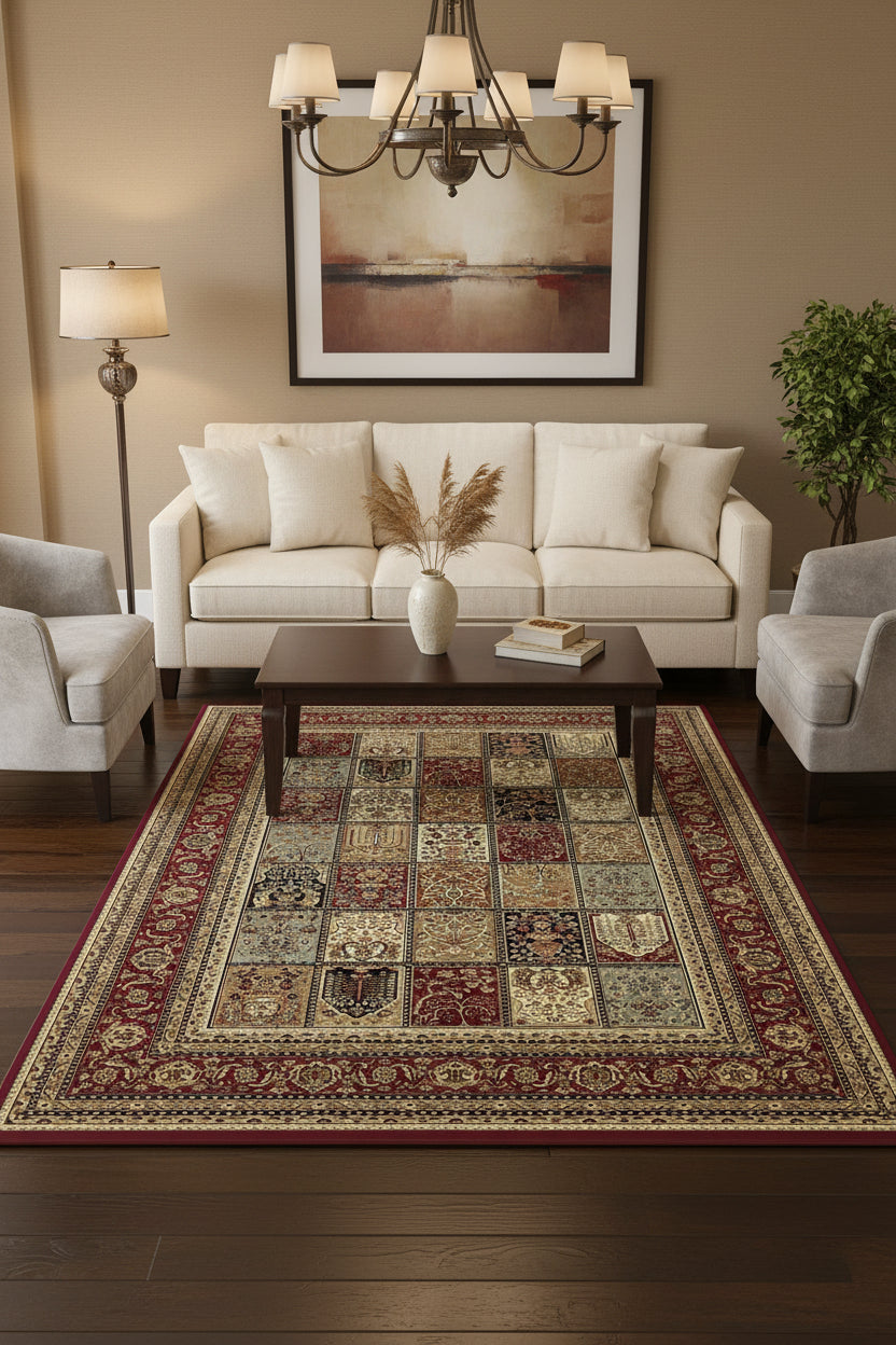 A rectangular area rug with an intricate patchwork design featuring multiple medallion panels in red, beige, brown, and black, surrounded by ornate borders.