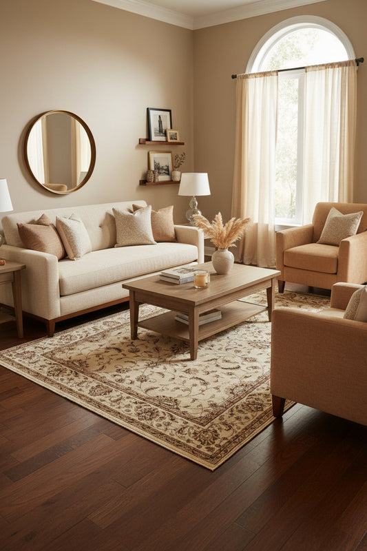 A traditional oriental-style area rug with an intricate floral and vine pattern, featuring a cream background with brown, beige, and muted blue accents.