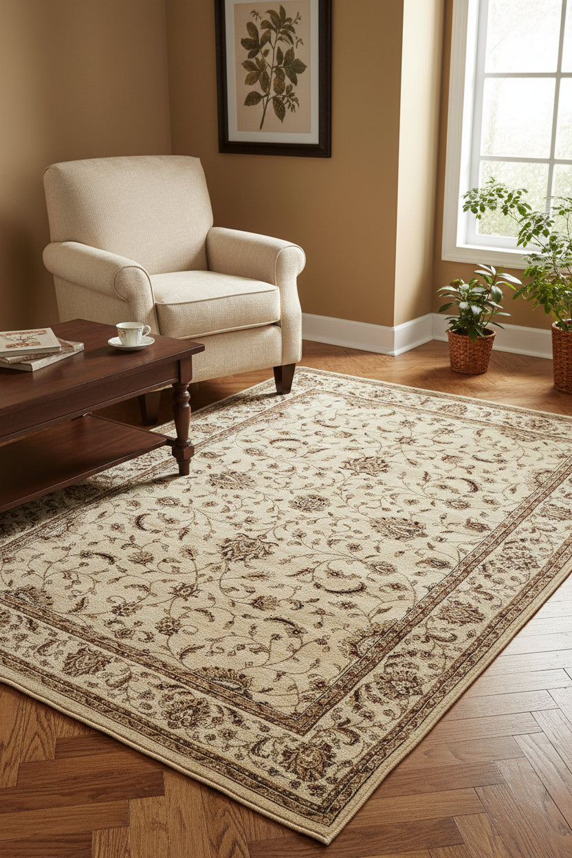 A traditional oriental-style area rug with an intricate floral and vine pattern, featuring a cream background with brown, beige, and muted blue accents.