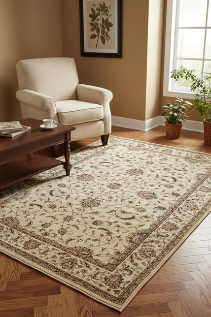 A traditional oriental-style area rug with an intricate floral and vine pattern, featuring a cream background with brown, beige, and muted blue accents.